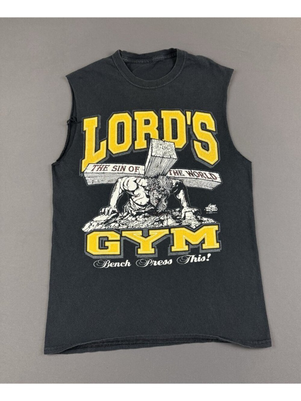 Rare Vintage 90s Jesus Lords Gym Bench Press This His Pain Your Gain Black Shirt
